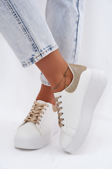 Zapatillas blancas y doradas para mujer con plataforma y brillo de cuero sintético Calinae
