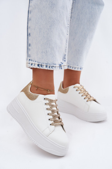 Zapatillas blancas y doradas para mujer con plataforma y brillo de cuero sintético Calinae 2