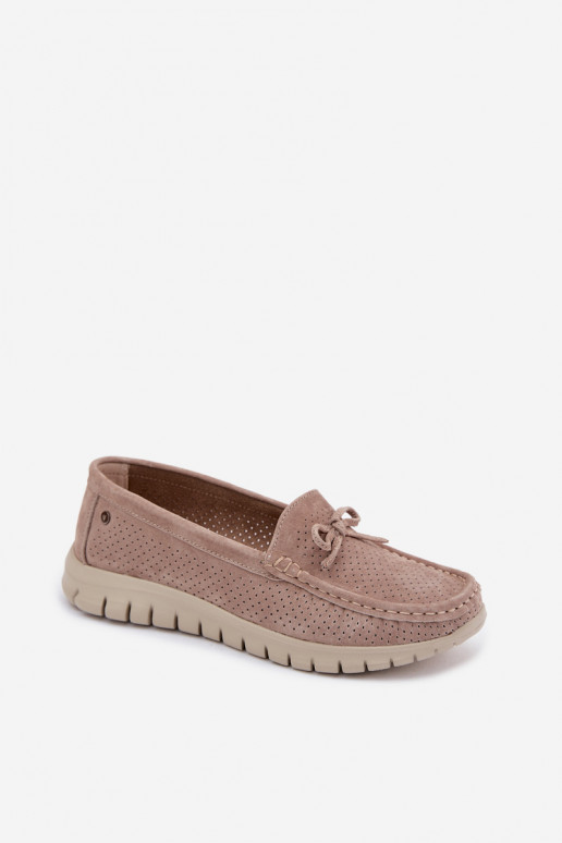 Mocasines de ante sintético color arena para mujer con lazos Vinceza 95401