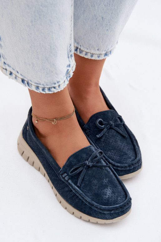 Mocasines de ante sintético azul oscuro para mujer con lazos Vinceza 95401