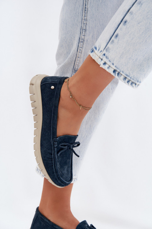 Mocasines de ante sintético azul oscuro para mujer con lazos Vinceza 95401
