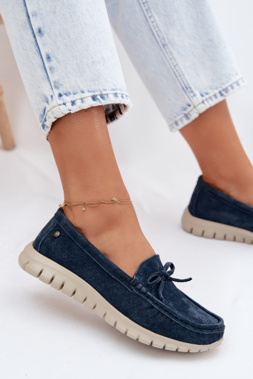 Mocasines de ante sintético azul oscuro para mujer con lazos Vinceza 95401
