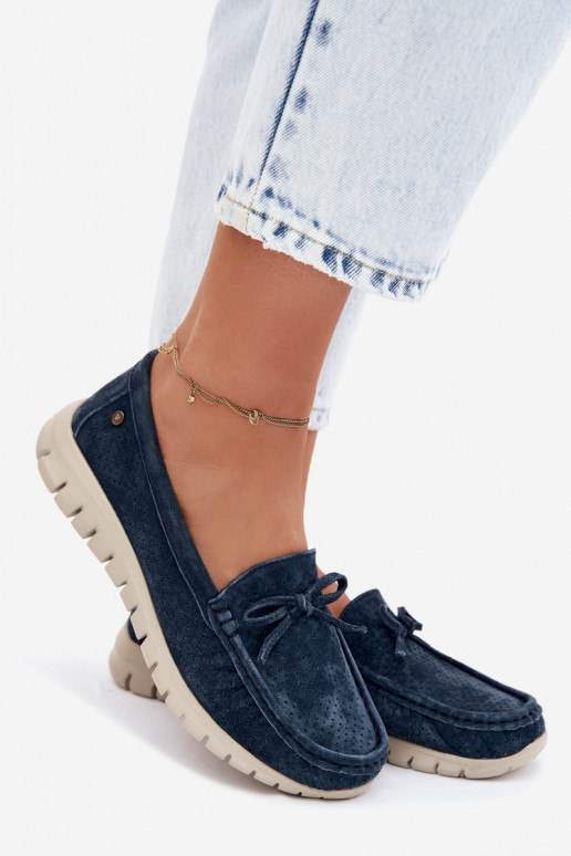 Mocasines de ante sintético azul oscuro para mujer con lazos Vinceza 95401