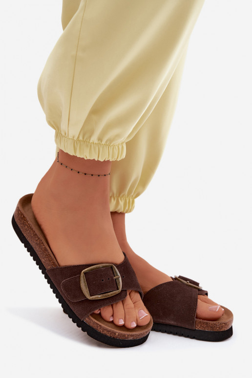 Zapatillas de ante color chocolate para mujer con hebillas Emiline
