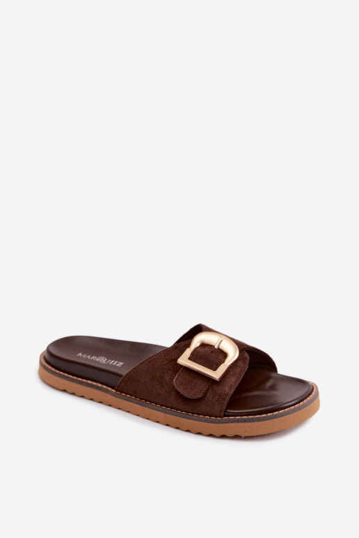 Zapatillas de color chocolate para mujer con hebillas doradas Elviane