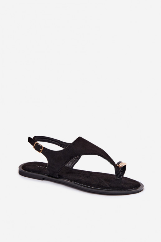 Sandalias planas para mujer. Ze color doradom Detalem de gamuza ecológicaoAe de color negro Jelviane