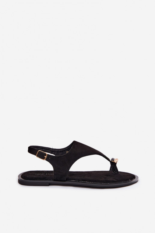 Sandalias planas para mujer. Ze color doradom Detalem de gamuza ecológicaoAe de color negro Jelviane