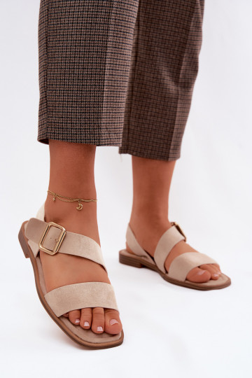 Sandalias de mujer con tacones anchos con hebillas doradas beige Verissea