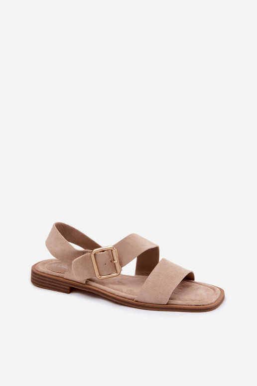 Sandalias de mujer con tacones anchos con hebillas doradas beige Verissea