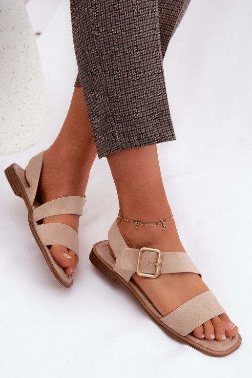 Sandalias de mujer con tacones anchos con hebillas doradas beige Verissea
