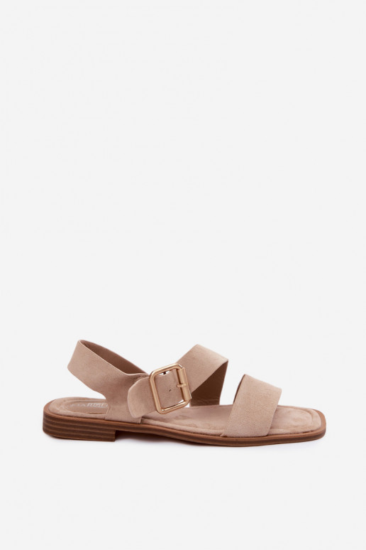 Sandalias de mujer con tacones anchos con hebillas doradas beige Verissea