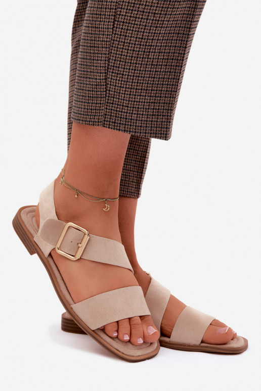 Sandalias de mujer con tacones anchos con hebillas doradas beige Verissea