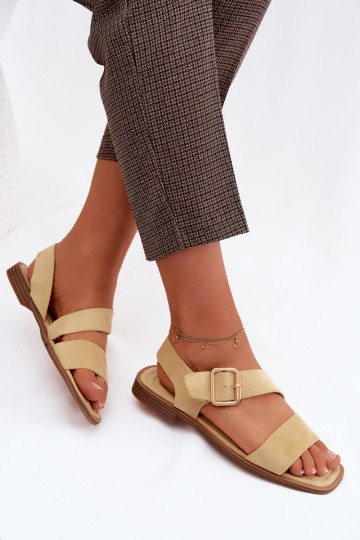 Sandalias de mujer con tacones anchos con hebillas doradas color amarillo Verissea