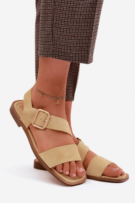 Sandalias de mujer con tacones anchos con hebillas doradas color amarillo Verissea