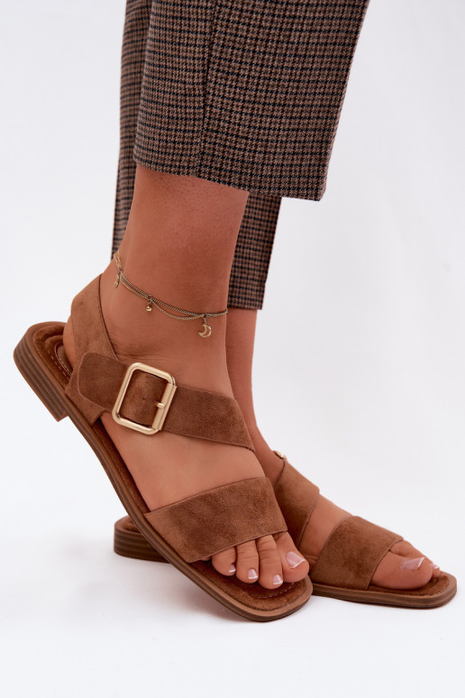 Sandalias de mujer marrones con tacones anchos y hebillas doradas Verissea