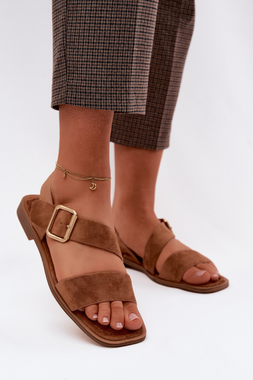 Sandalias de mujer marrones con tacones anchos y hebillas doradas Verissea