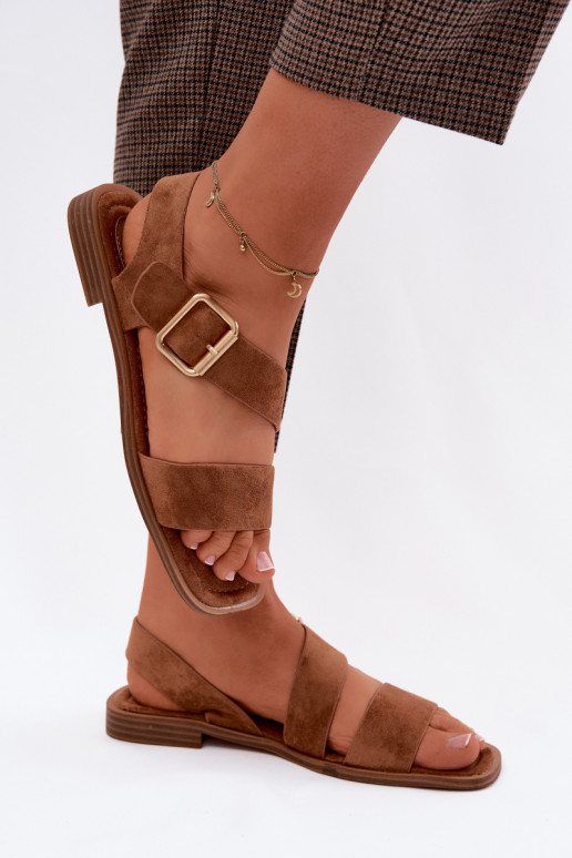 Sandalias de mujer con tacones anchos con hebillas doradas color marrón Verissea