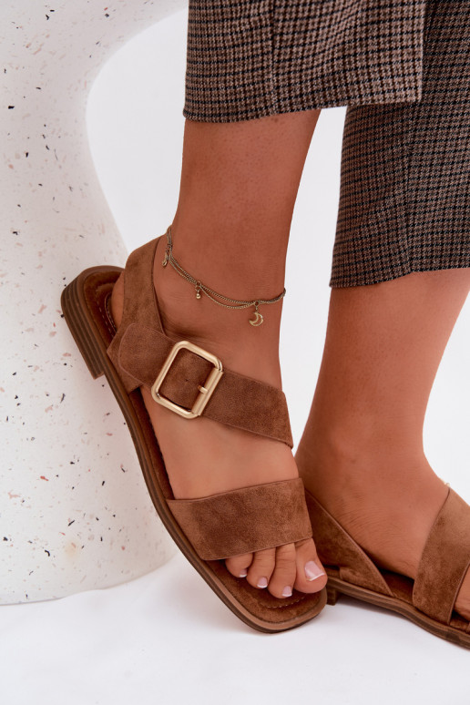 Sandalias de mujer con tacones anchos con hebillas doradas color marrón Verissea