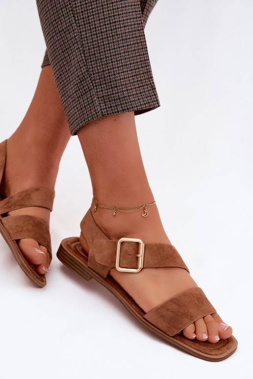 Sandalias de mujer con tacones anchos con hebillas doradas color marrón Verissea