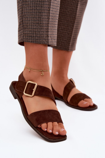 Sandalias de mujer color chocolate con tacones anchos y hebillas doradas Verissea 2