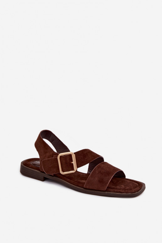 Sandalias de mujer color chocolate con tacones anchos y hebillas doradas Verissea