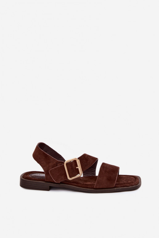 Sandalias de mujer color chocolate con tacones anchos y hebillas doradas Verissea