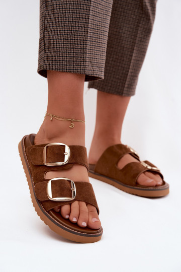 Zapatillas de mujer doradas con hebillas de ante sintético en color marrón Averia 2