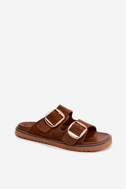 zapatillas de mujerImitacji de gamuzau color dorado con hebillas color marrón Averia