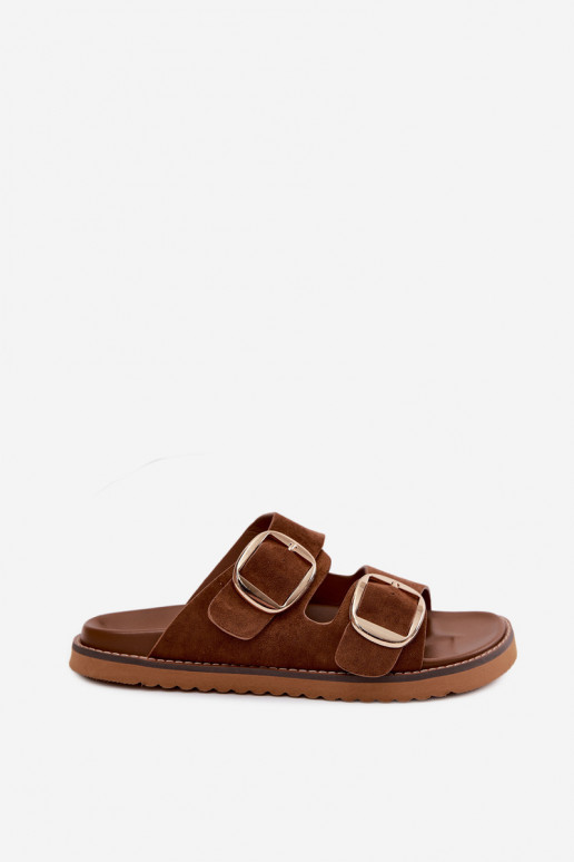 Zapatillas de mujer doradas con hebillas de ante sintético en color marrón Averia