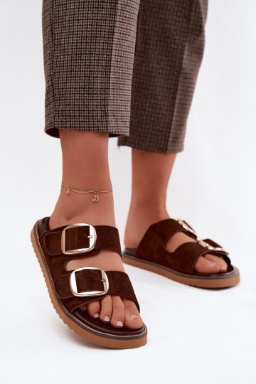 Zapatillas de mujer de ante sintético con hebillas doradas Czekolado Averia 2