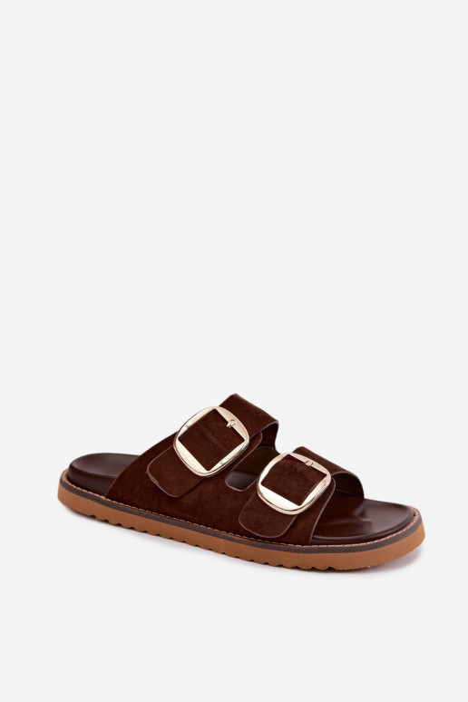 Zapatillas de mujer de ante sintético con hebillas doradas Czekolado Averia