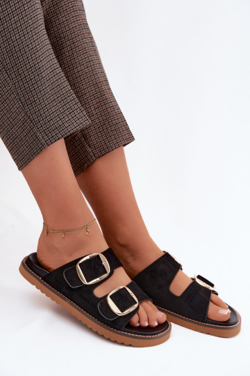 zapatillas de mujerImitacji de gamuzau color dorado con hebillas de color negro Averia