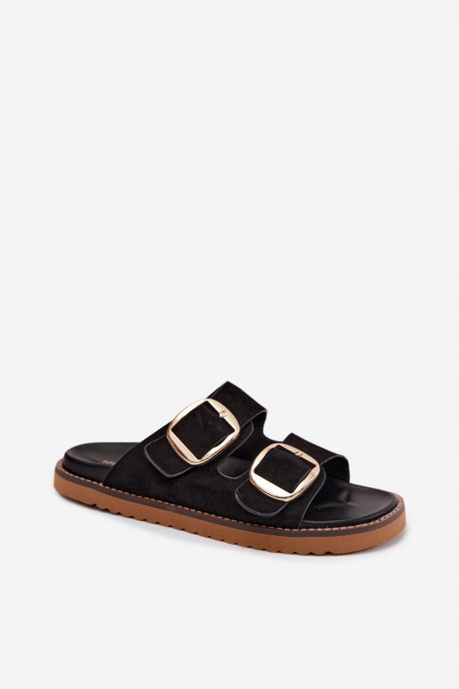 zapatillas de mujerImitacji de gamuzau color dorado con hebillas de color negro Averia