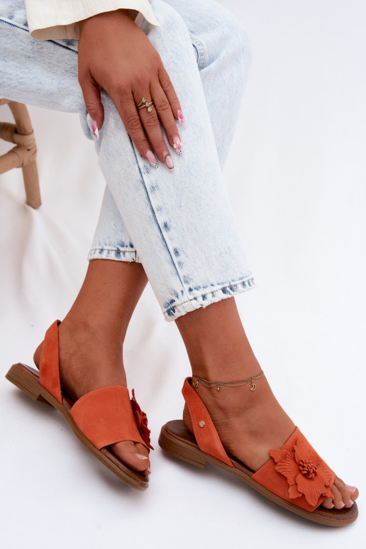 Sandalias de ante con tacones anchos y flores decorativas Zazoo 407471 en color naranja