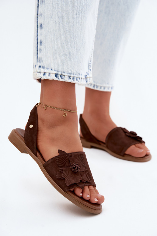 Piel Sandalias de ante con tacones anchos Con decoraciones Una flor Zazoo 407471 CzekoladoAe