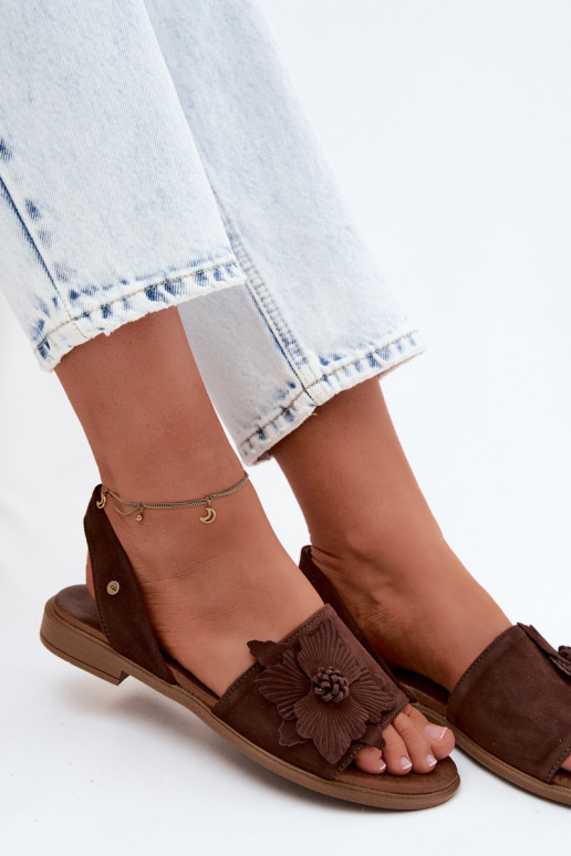 Piel Sandalias de ante con tacones anchos Con decoraciones Una flor Zazoo 407471 CzekoladoAe