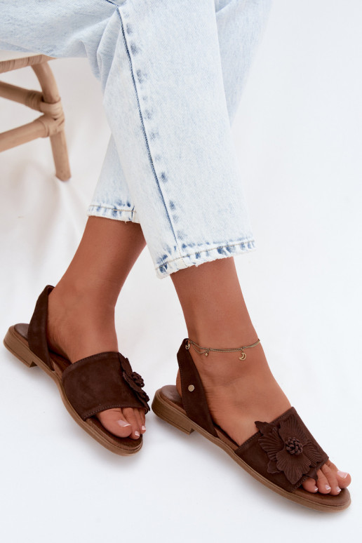 Piel Sandalias de ante con tacones anchos Con decoraciones Una flor Zazoo 407471 CzekoladoAe