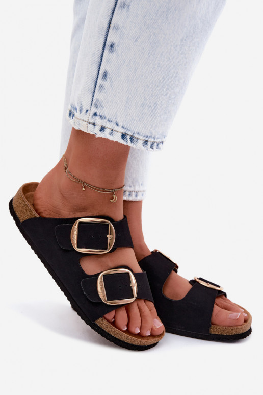 Zapatillas de mujer con suela de corcho y hebillas Lee Cooper LCIN-26-35-4455L en negro