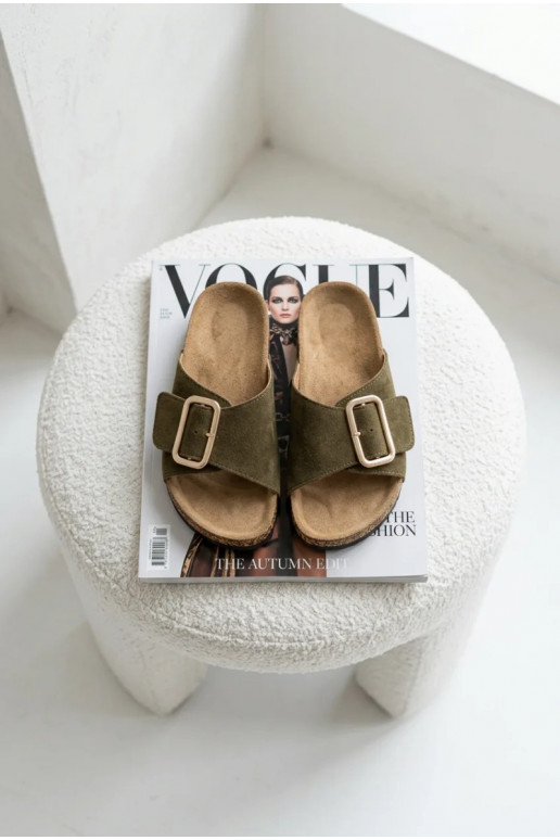 Piel Zapatillas de ante para mujer. con hebillas de color caqui Beryl