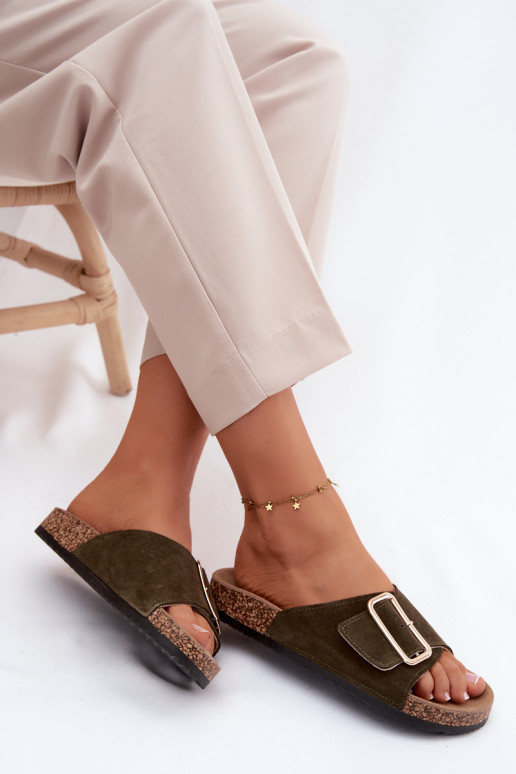 Piel Zapatillas de ante para mujer. con hebillas de color caqui Beryl