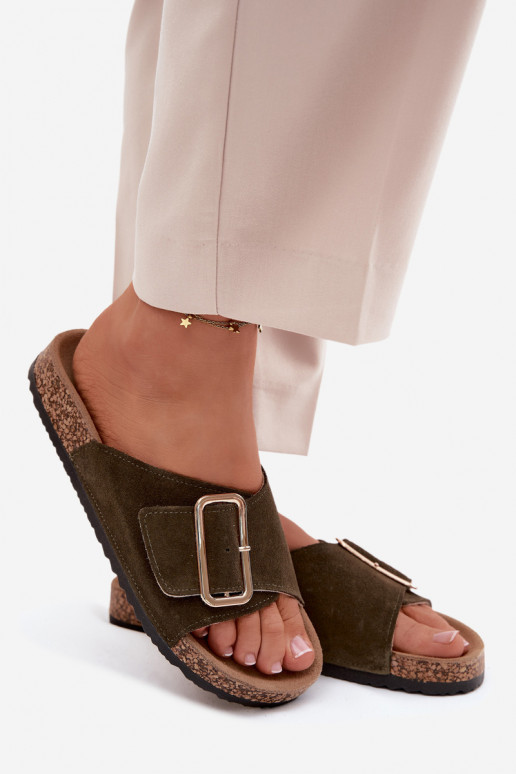 Piel Zapatillas de ante para mujer. con hebillas de color caqui Beryl