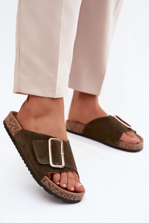 Piel Zapatillas de ante para mujer. con hebillas de color caqui Beryl