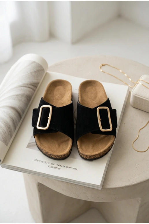 Piel Zapatillas de ante para mujer. con hebillas de color negro Beryl