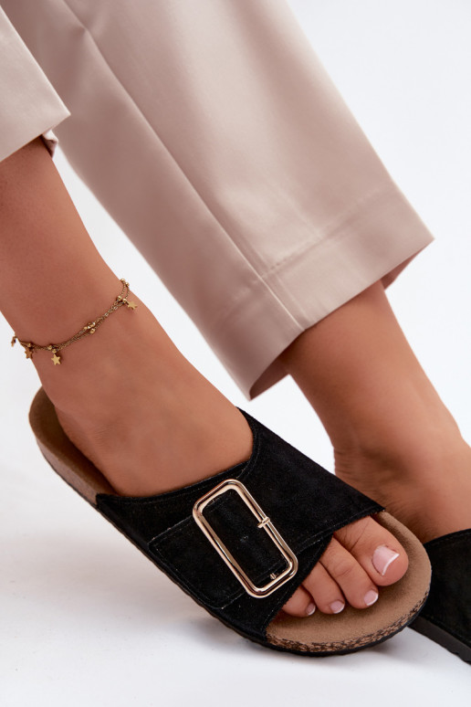 Piel Zapatillas de ante para mujer. con hebillas de color negro Beryl