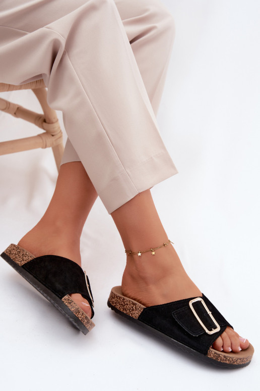 Piel Zapatillas de ante para mujer. con hebillas de color negro Beryl