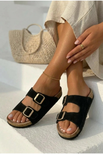 zapatillas de gamuza Sobre suela de corcho con hebillas de color negro Tavira