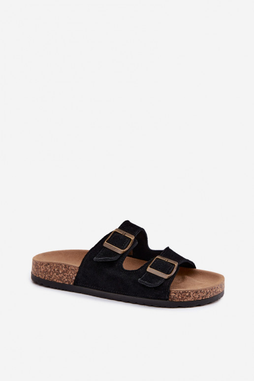 Zapatillas de ante sintético sobre suela de corcho con hebillas en color negro Tavira