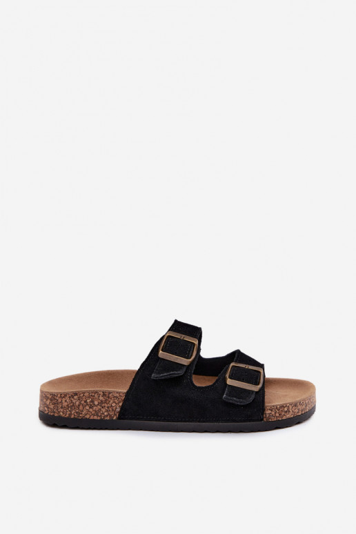 Zapatillas de ante sintético sobre suela de corcho con hebillas en color negro Tavira