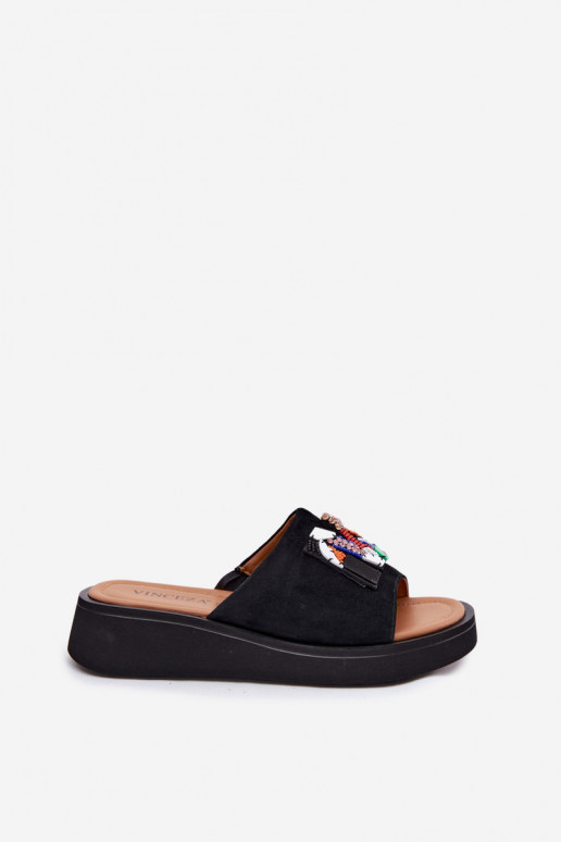Zapatillas de mujer de ante sintético con adornos y plataforma Vinceza 66942 en color negro