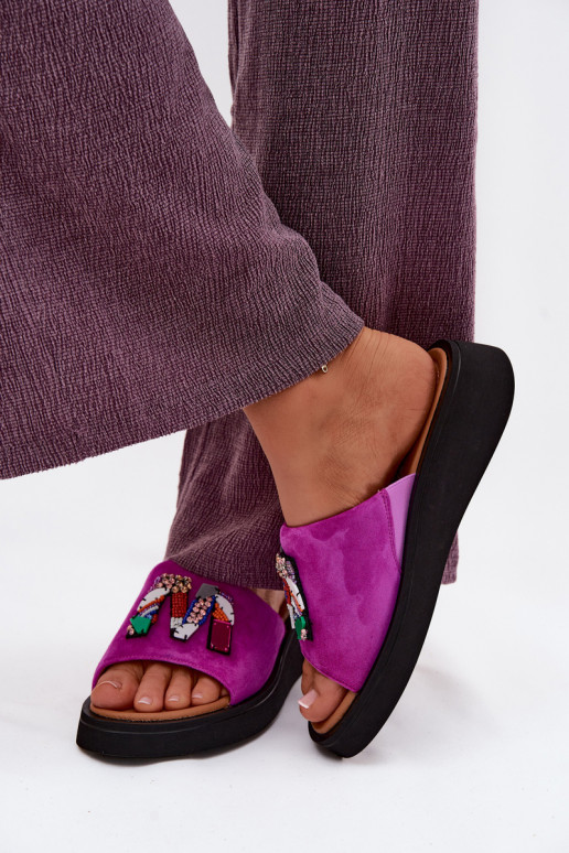 Piel Zapatillas de ante para mujer. con adornos con una plataforma Vinceza 66942 color rosa